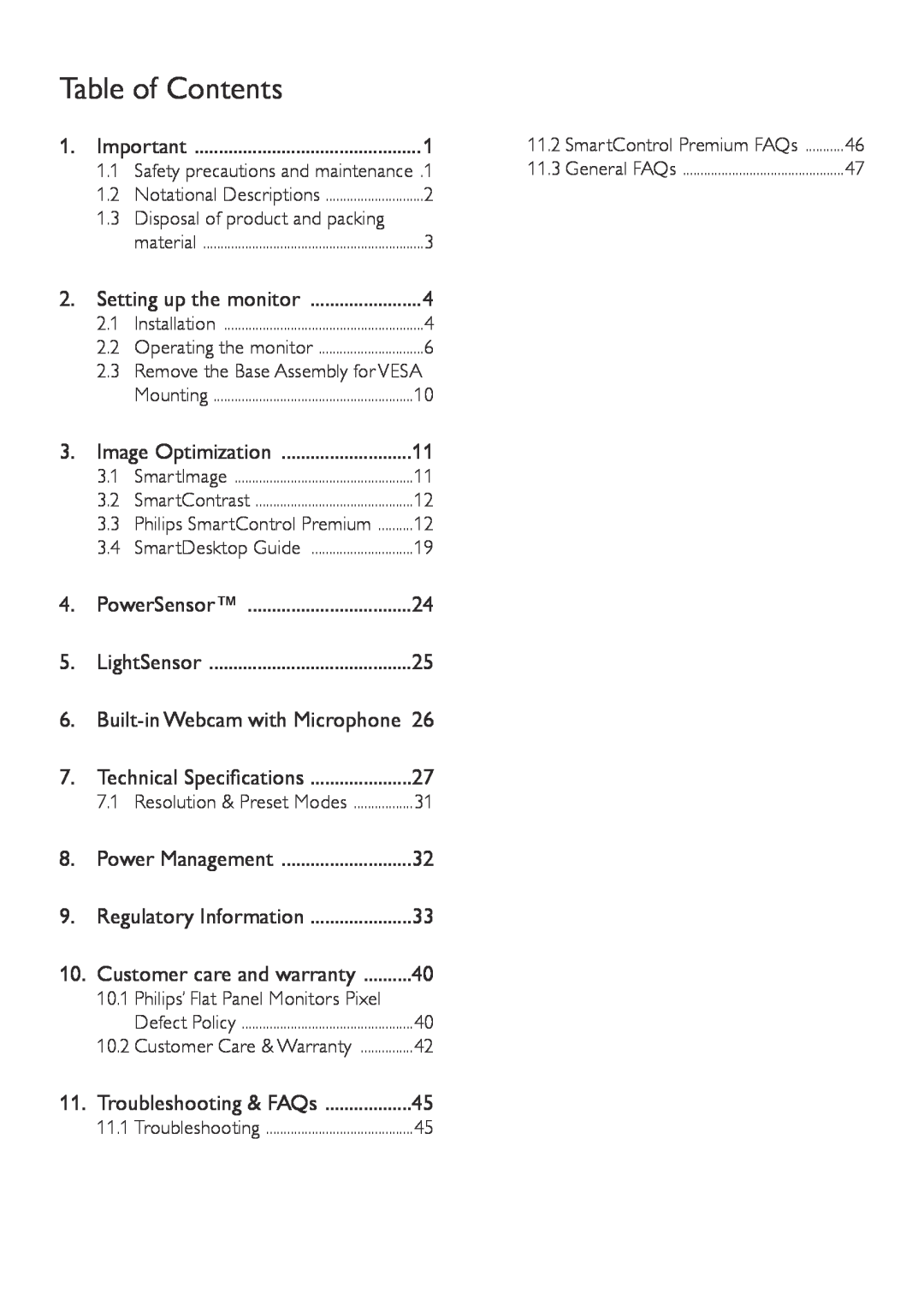 Philips 221P6, 221B6 user manual Table of Contents 