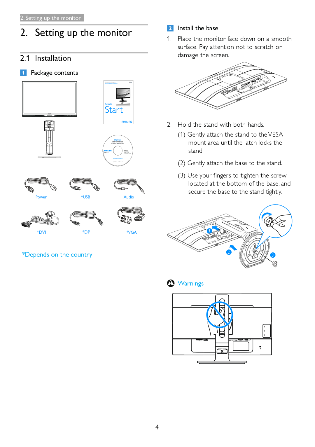 Philips 221P6, 221B6 user manual Setting up the monitor, Installation, Depends on the country, Warnings 