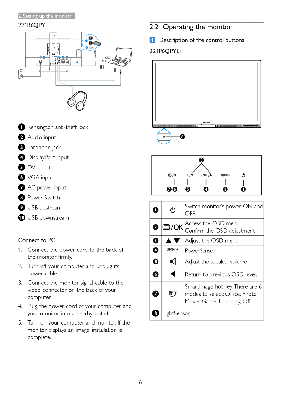Philips 221P6, 221B6 user manual Operating the monitor 