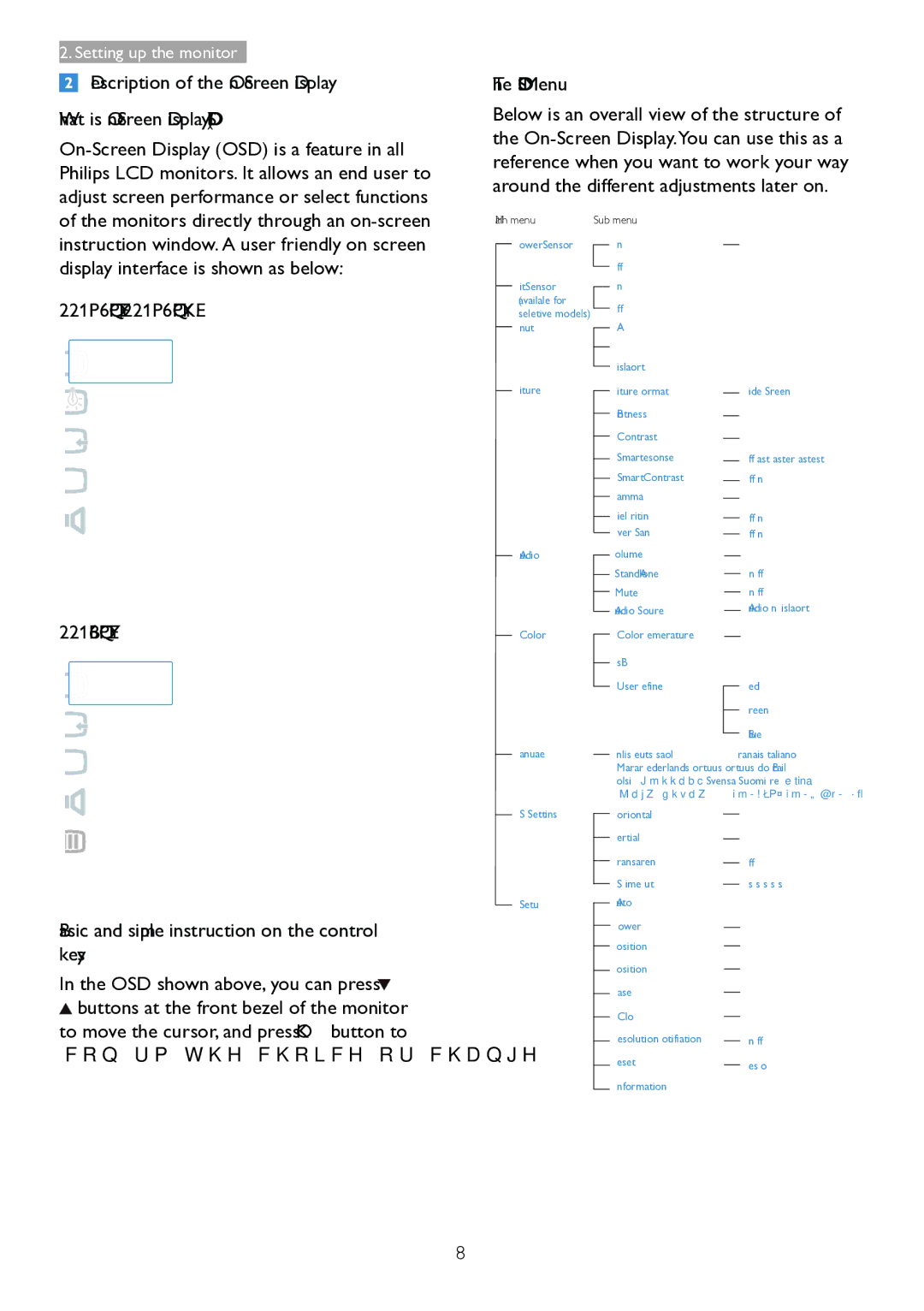 Philips 221B6 user manual OSD Menu, 221P6QPYE, 221P6QPYKE, Basic and simple instruction on the control keys 