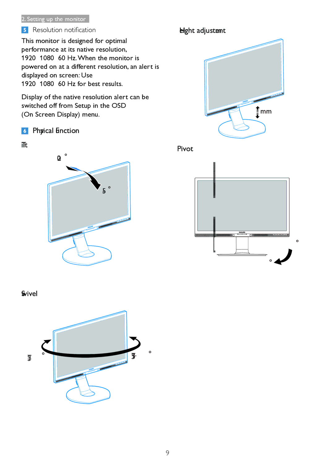 Philips 221B6, 221P6 user manual Resolution notification, On Screen Display menu 