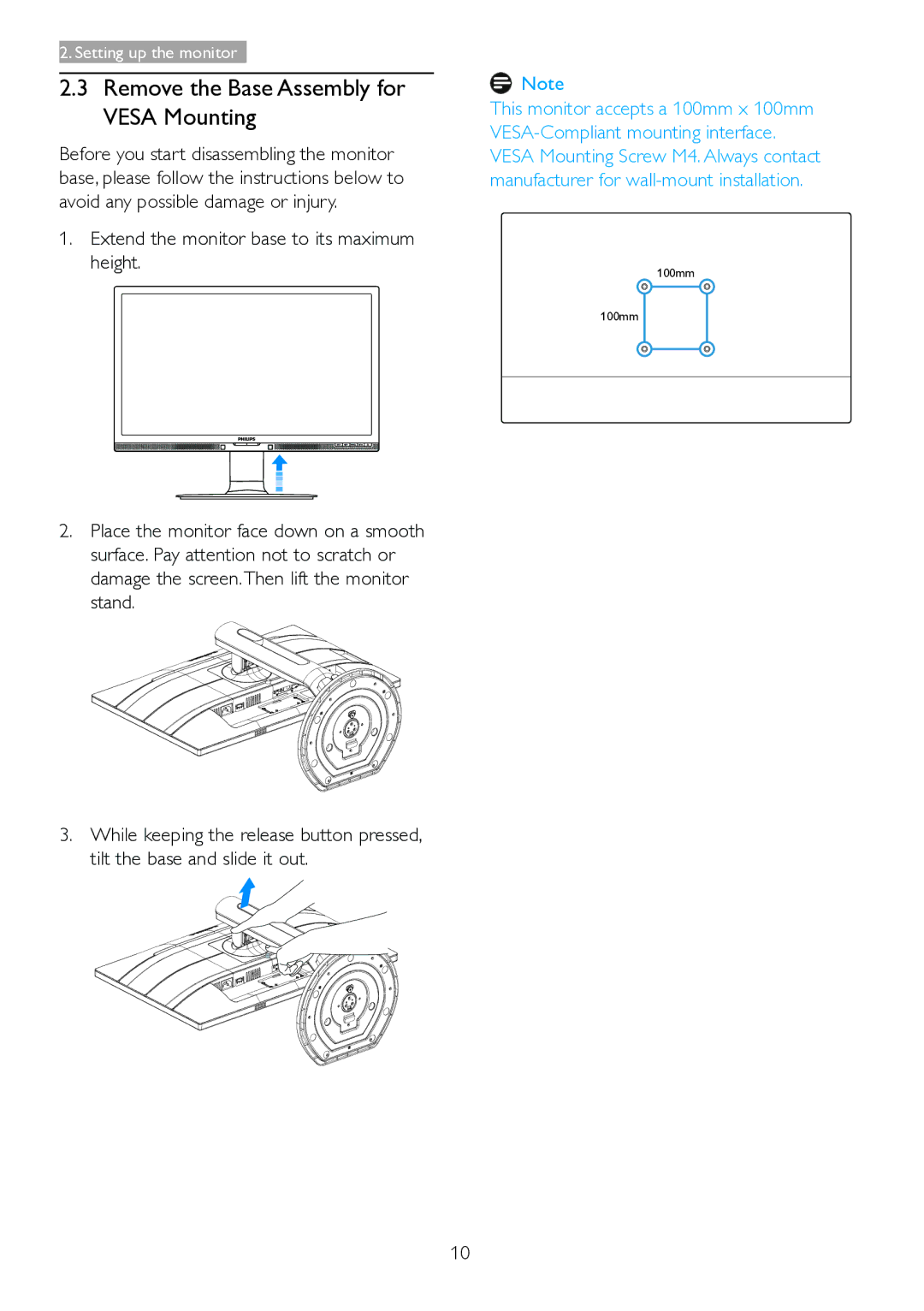 Philips 221P6, 221B6 user manual Remove the Base Assembly for Vesa Mounting 