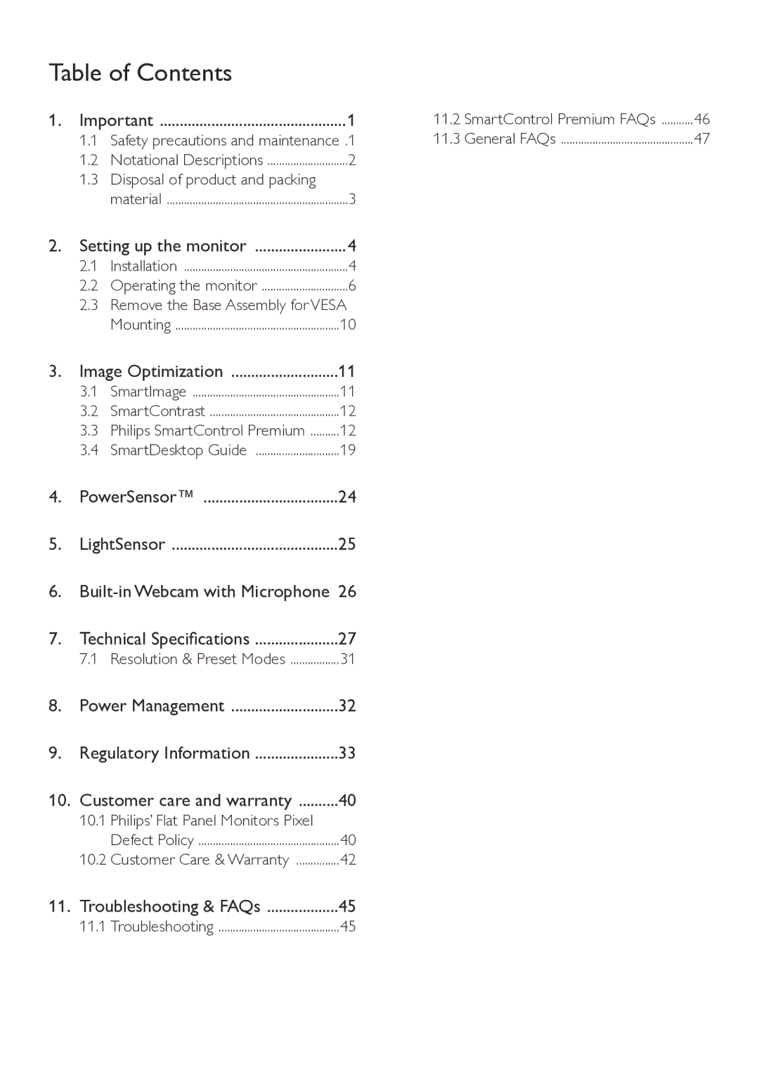 Philips 221P6, 221B6 user manual Table of Contents 