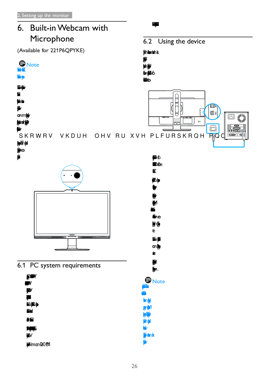 Philips 221B6 Built-in Webcam with Microphone, PC system requirements, Using the device, Available for 221P6QPYKE 