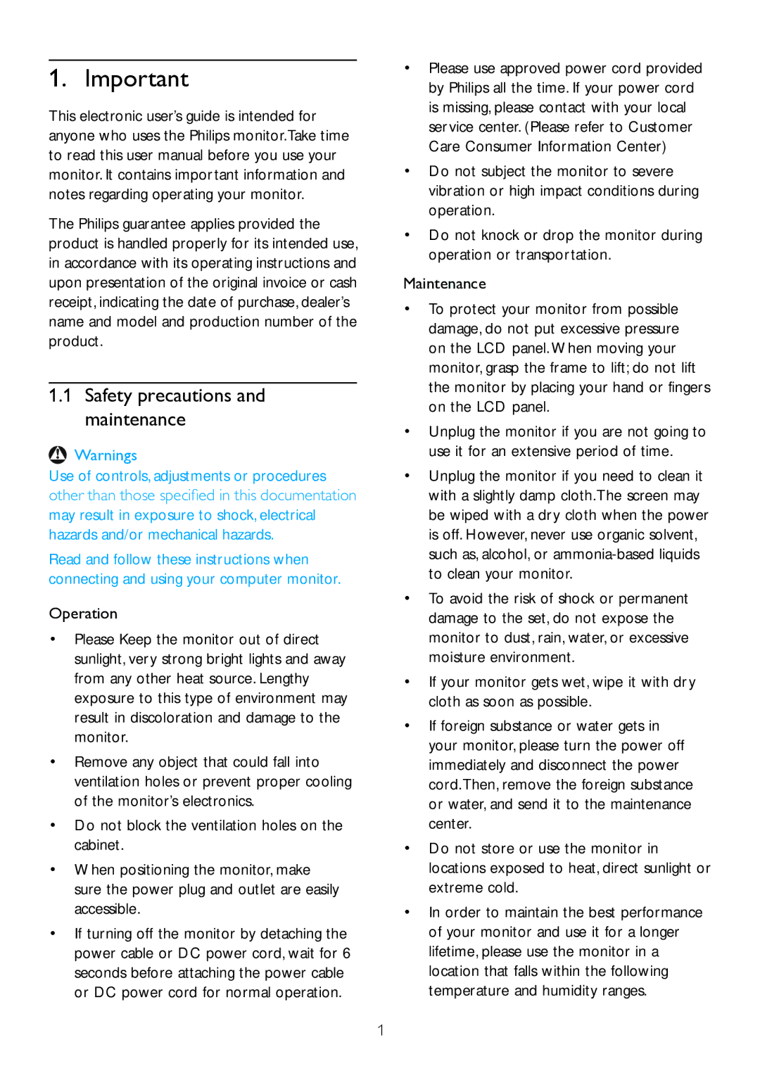 Philips 221B6, 221P6 user manual Safety precautions and maintenance, Operation 