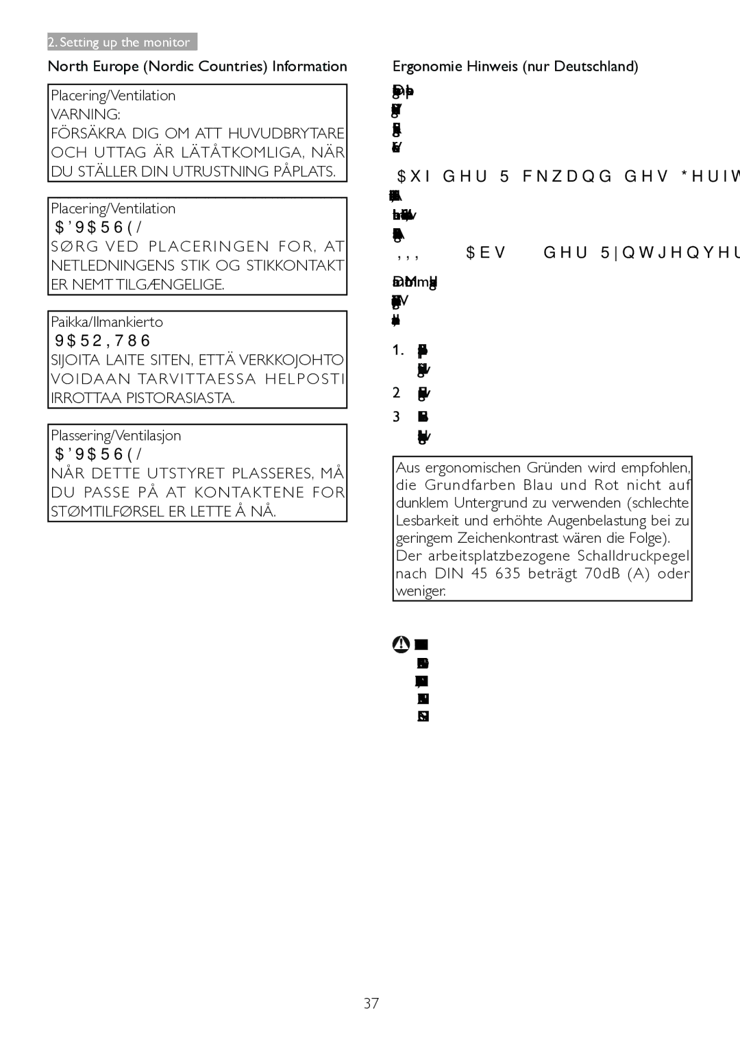 Philips 221B6, 221P6 user manual Varning, Varoitus, Achtung Beim Aufstellen 