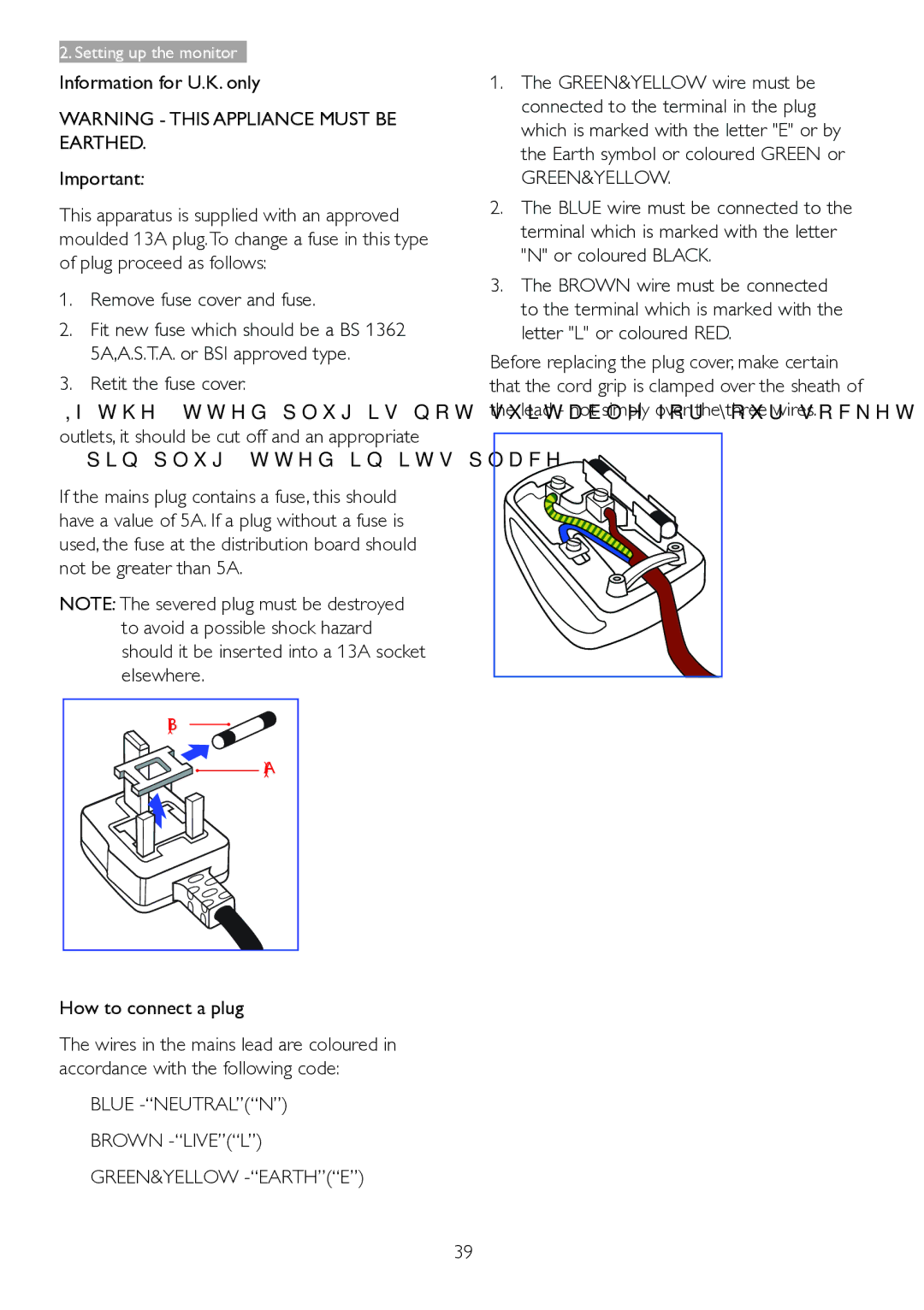 Philips 221B6, 221P6 user manual Information for U.K. only, Remove fuse cover and fuse, How to connect a plug, Green&Yellow 