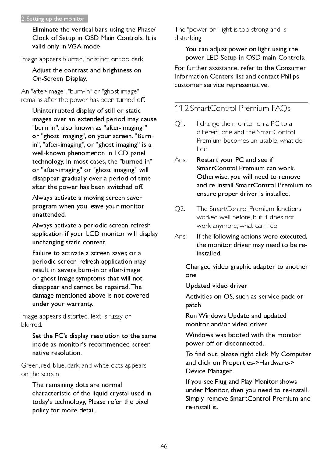 Philips 221P6, 221B6 user manual 11.2SmartControl Premium FAQs, Image appears distorted.Text is fuzzy or blurred 