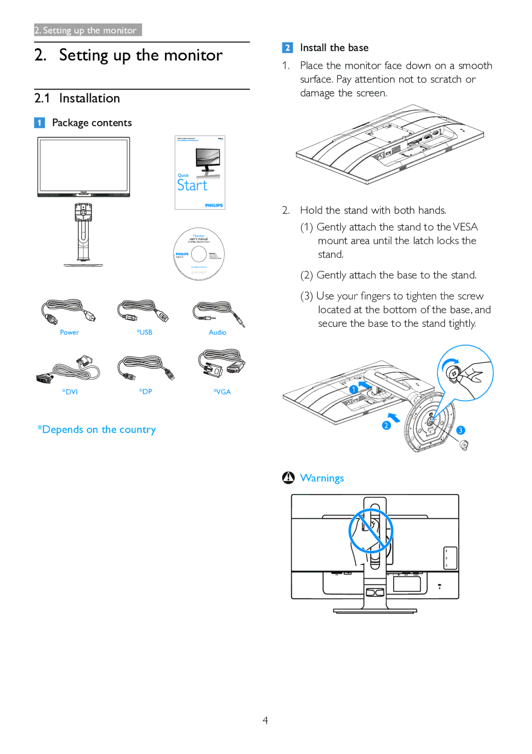 Philips 221P6, 221B6 user manual Setting up the monitor, Installation, Package contents 