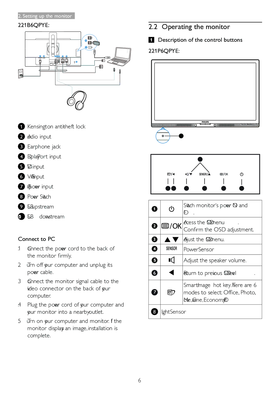 Philips 221P6, 221B6 user manual Operating the monitor, Off, LightSensor 