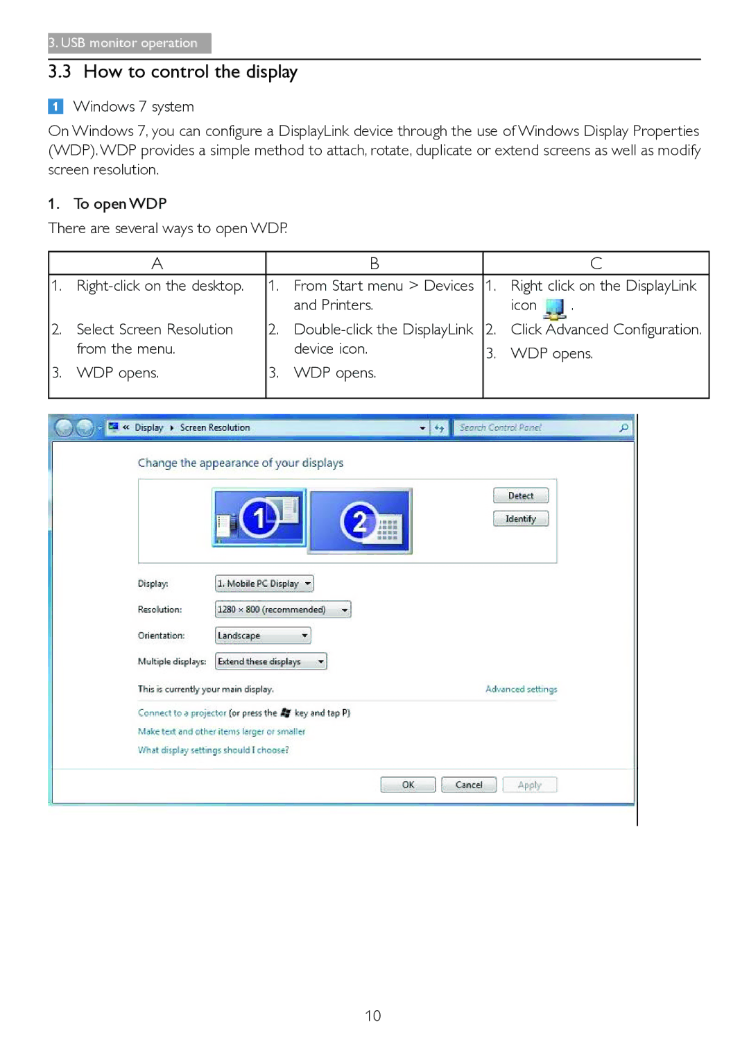 Philips 221S3U How to control the display, Printers Icon Select Screen Resolution, From the menu Device icon WDP opens 