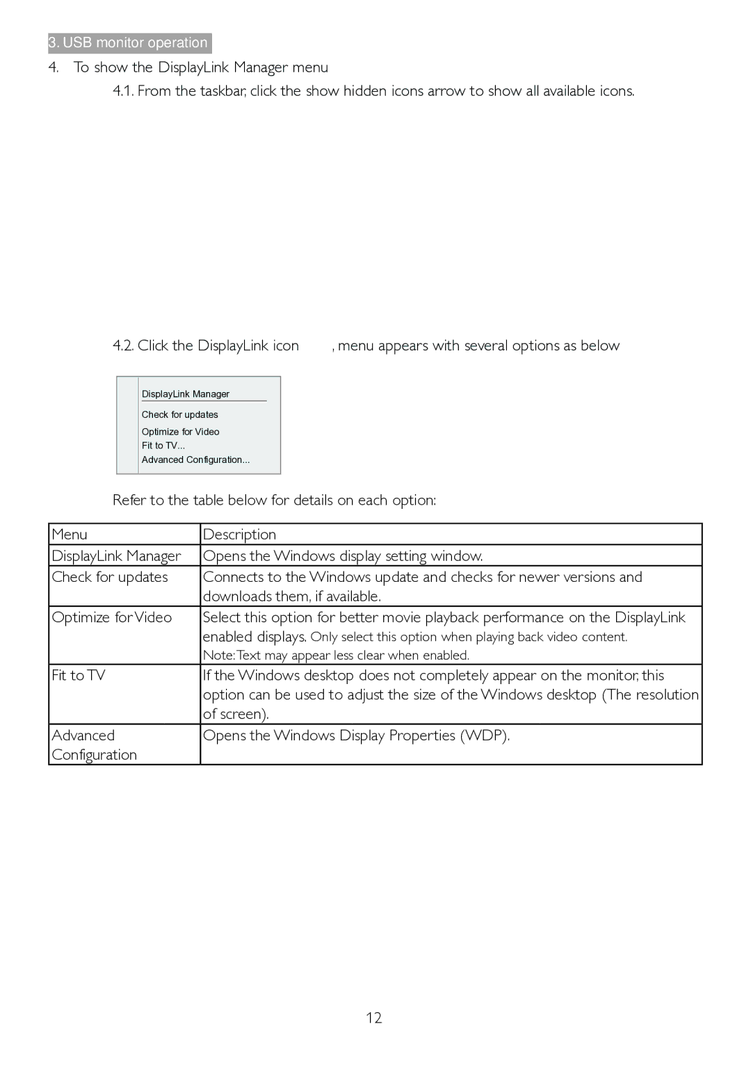 Philips 221S3U Opens the Windows display setting window, Check for updates, Downloads them, if available, Fit to TV 