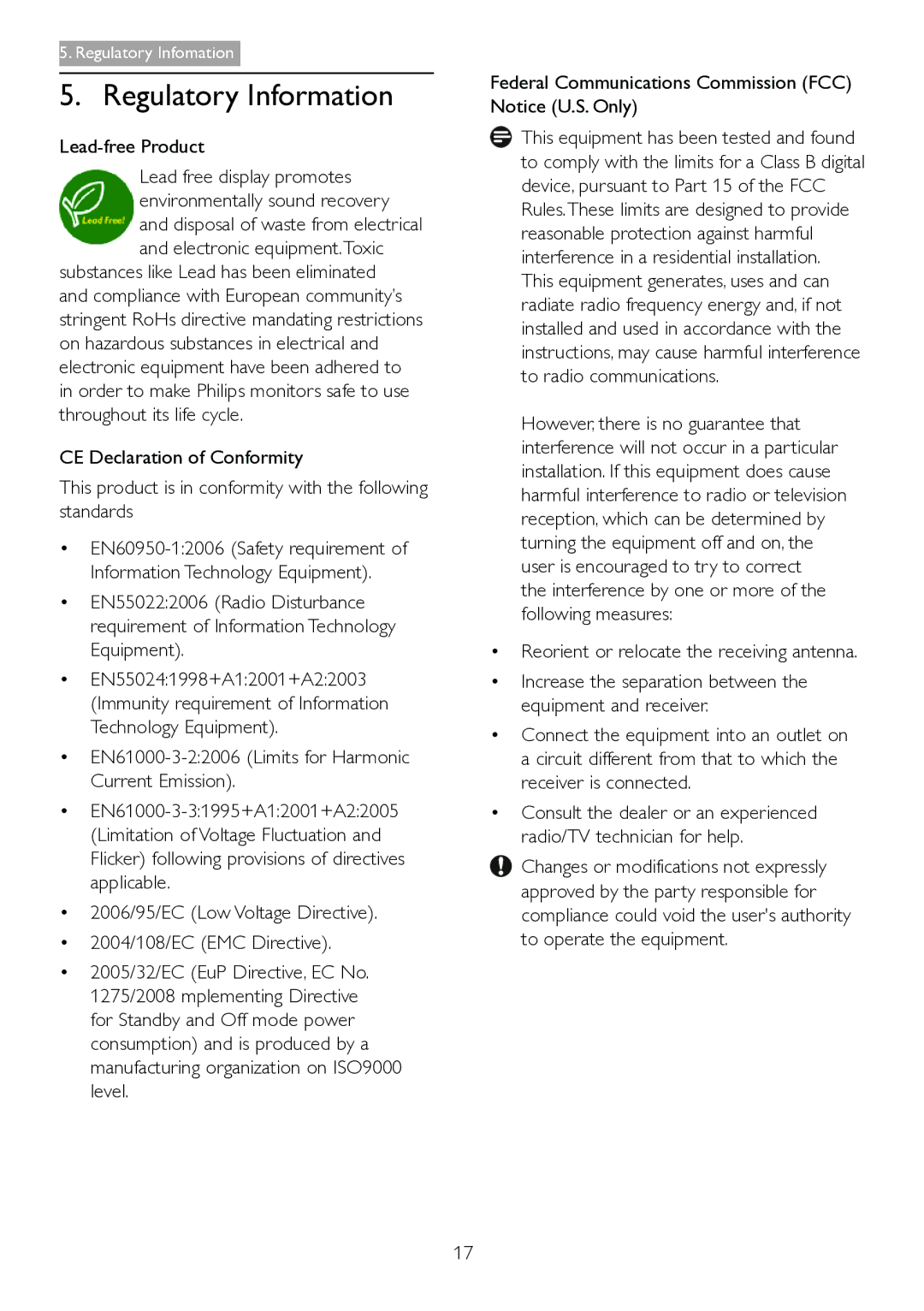 Philips 221S3UCB/27 Regulatory Information, Lead-free Product, EN61000-3-22006 Limits for Harmonic Current Emission 