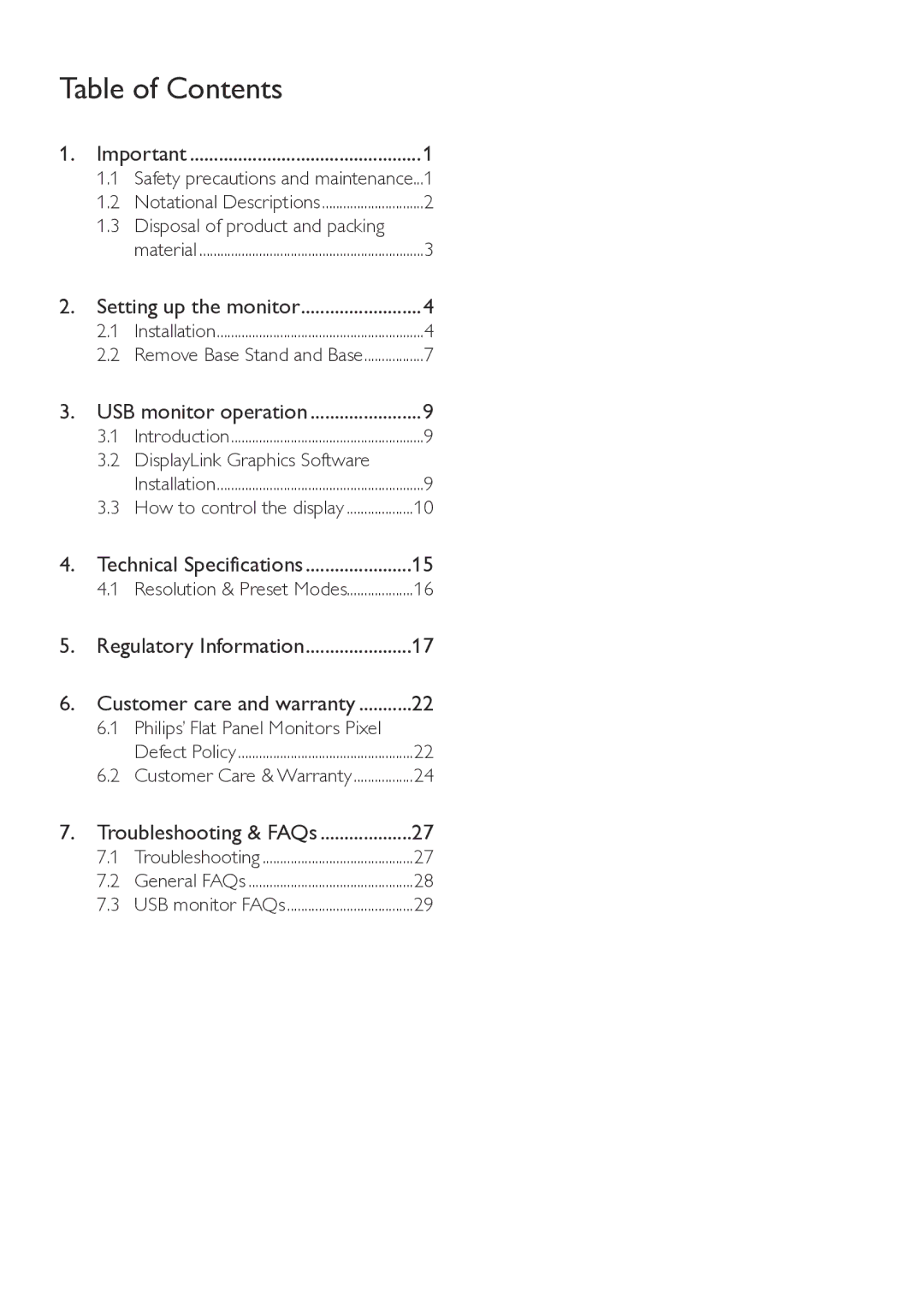 Philips 221S3UCB/27 user manual Table of Contents 