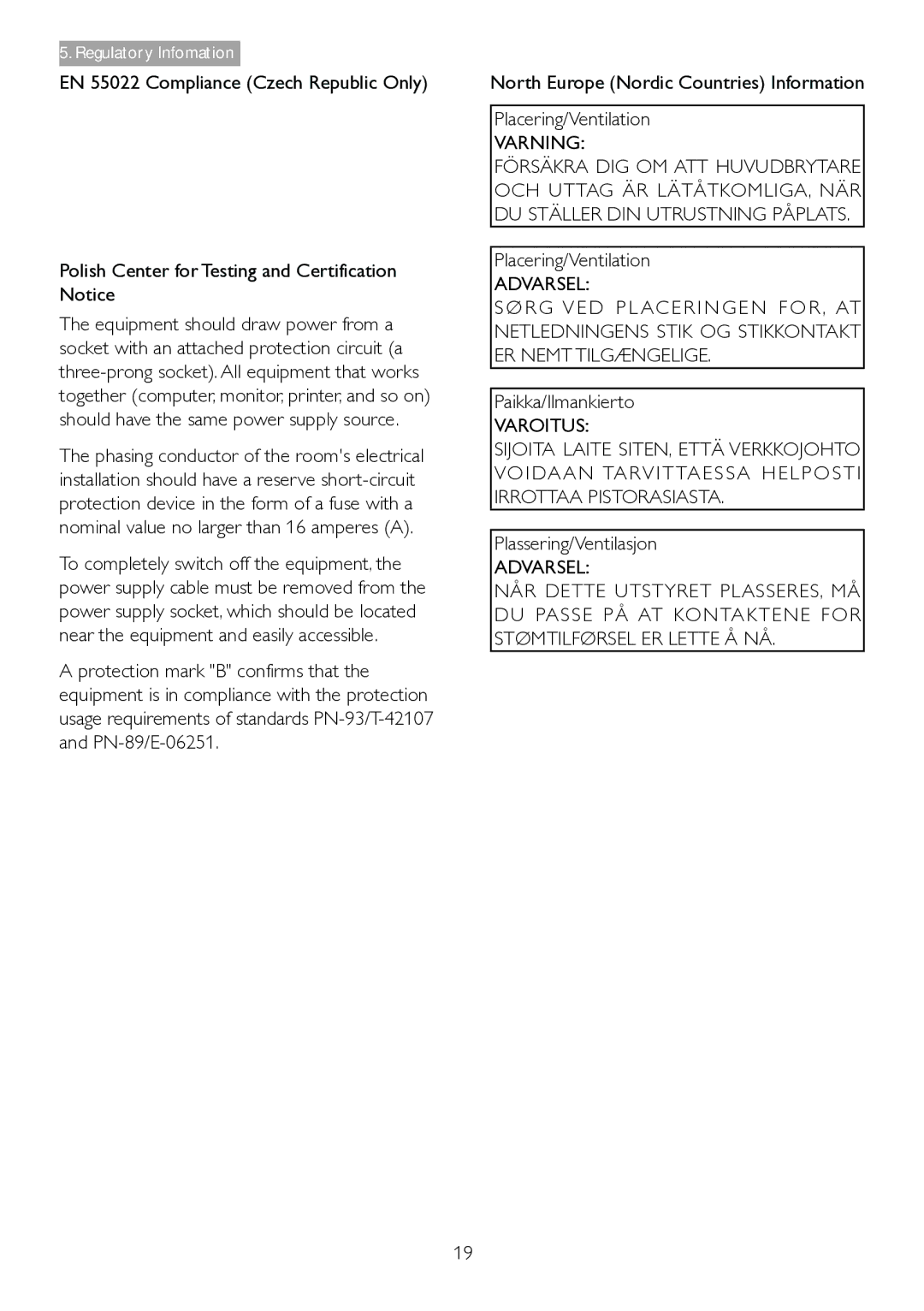 Philips 221S3UCB/27 user manual Varning, Paikka/Ilmankierto, Varoitus, Plassering/Ventilasjon 