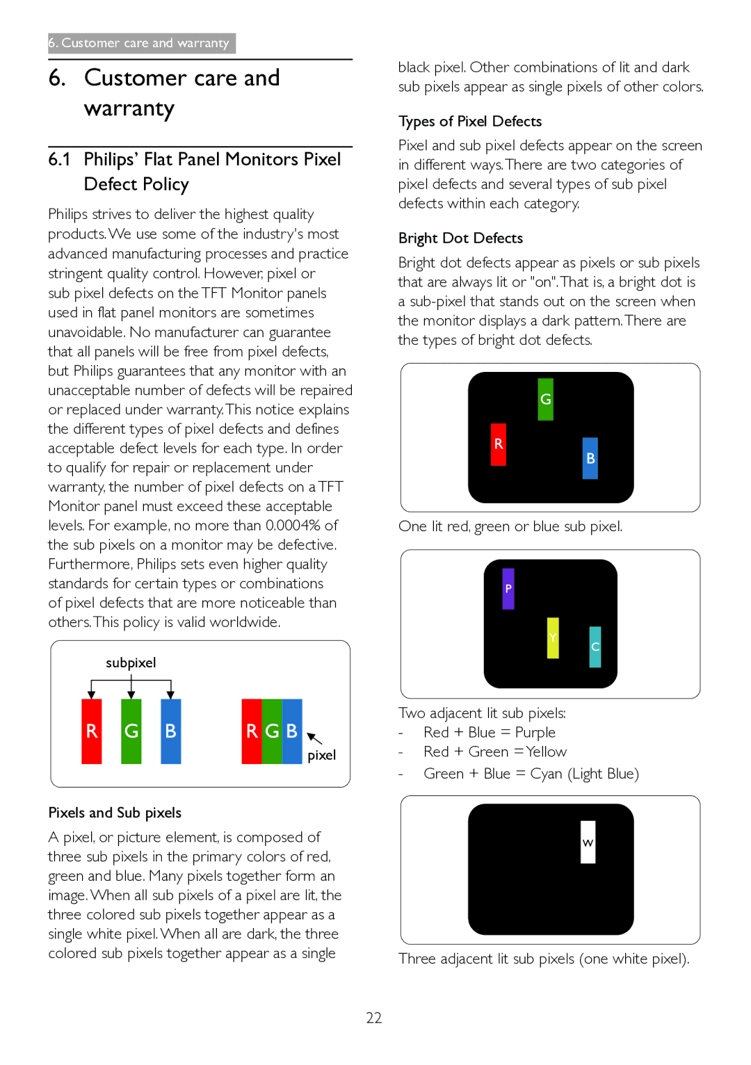 Philips 221S3U Customer care and warranty, Philips’ Flat Panel Monitors Pixel Defect Policy, Pixels and Sub pixels 