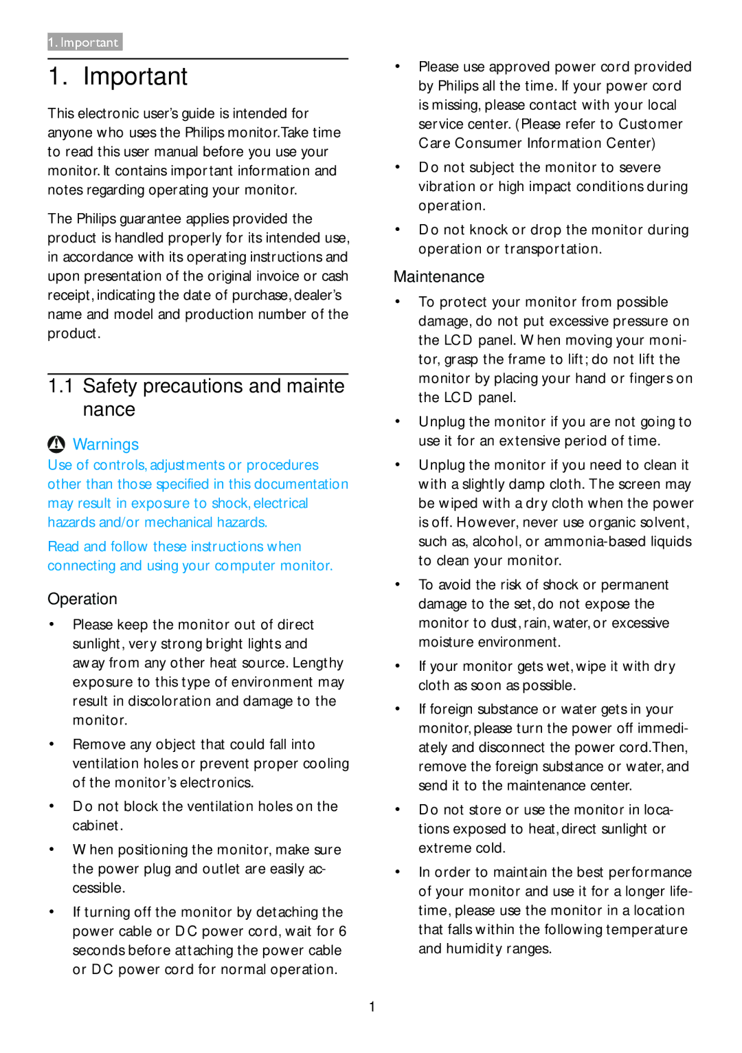 Philips 221S3UCB/27 user manual Safety precautions and mainte- nance, Operation 