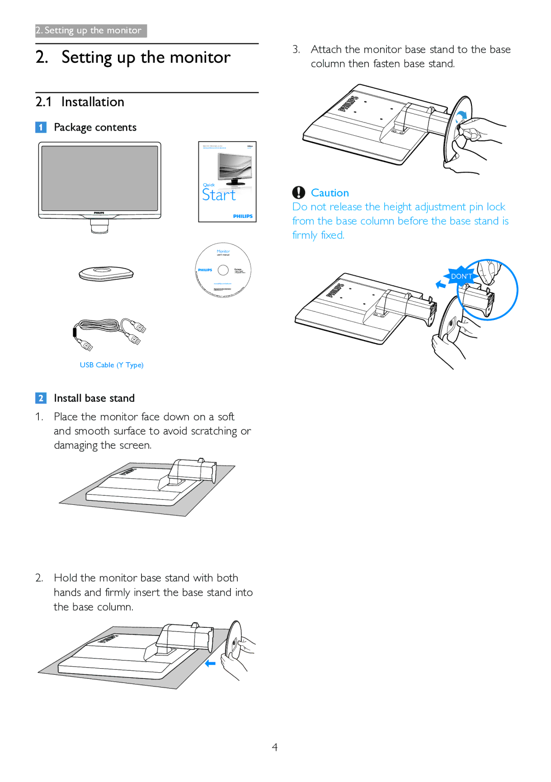 Philips 221S3UCB/27 user manual Setting up the monitor, Installation, Package contents 