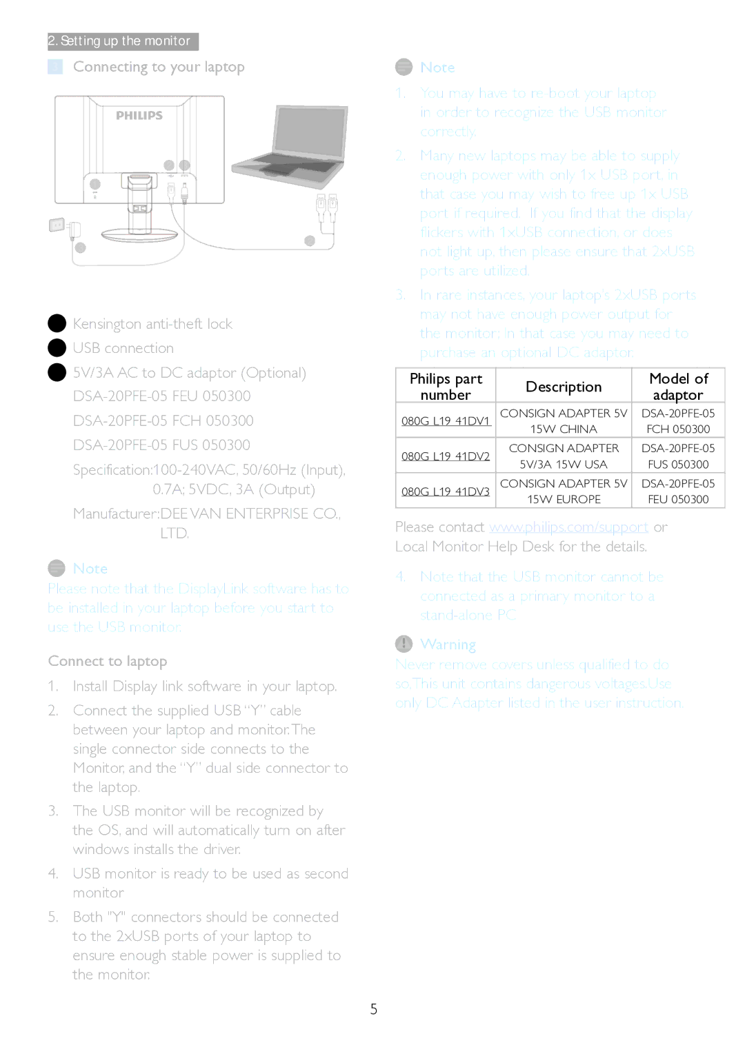 Philips 221S3UCB/27 user manual Philips part Description Model, Number Adaptor 