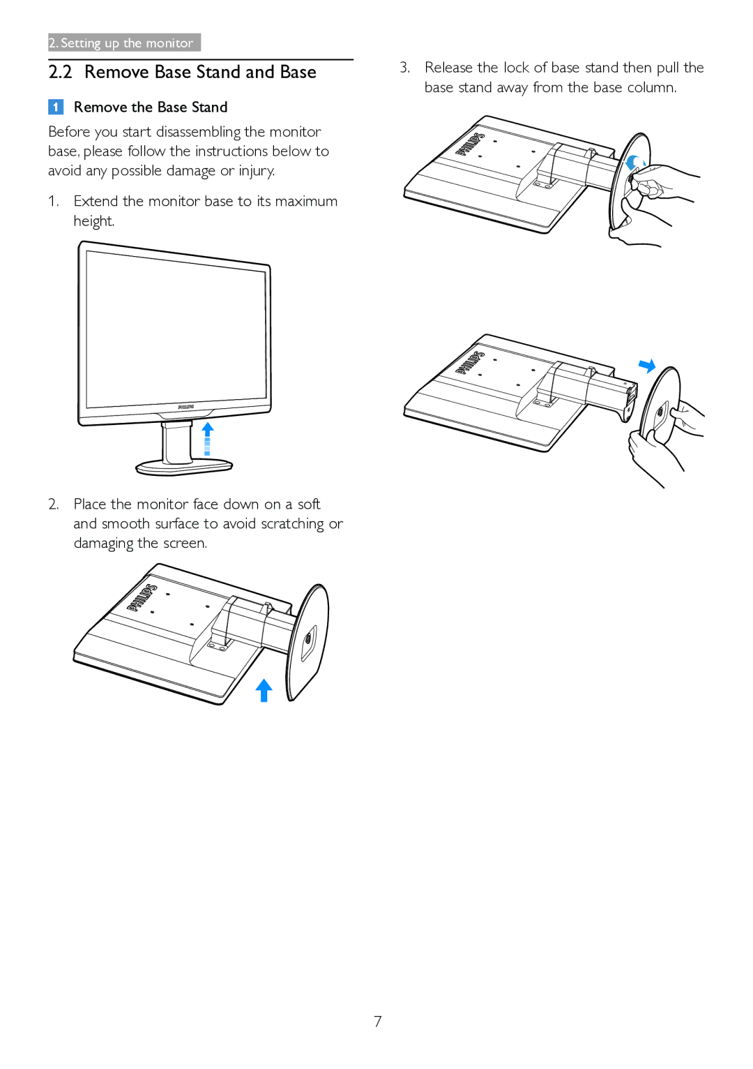 Philips 221S3UCB/27 user manual Remove Base Stand and Base, Remove the Base Stand 