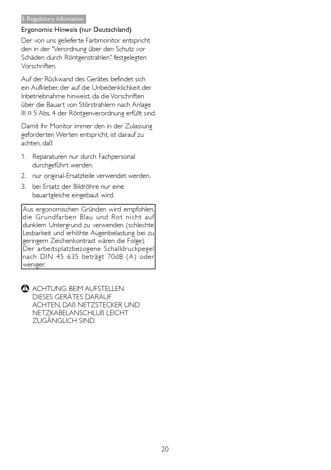 Philips 221S3UCB user manual Ergonomie Hinweis nur Deutschland 