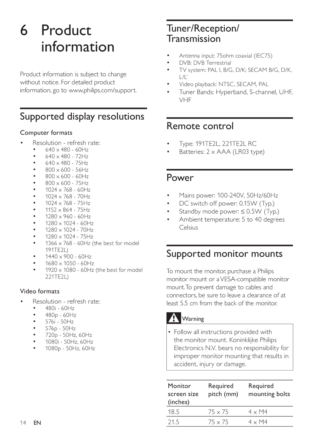 Philips 221TE2L, 191TE2L manual  3URGXFW Lqirupdwlrq, 7XQHU5HFHSWLRQ 7UDQVPLVVLRQ, 3RZHU 