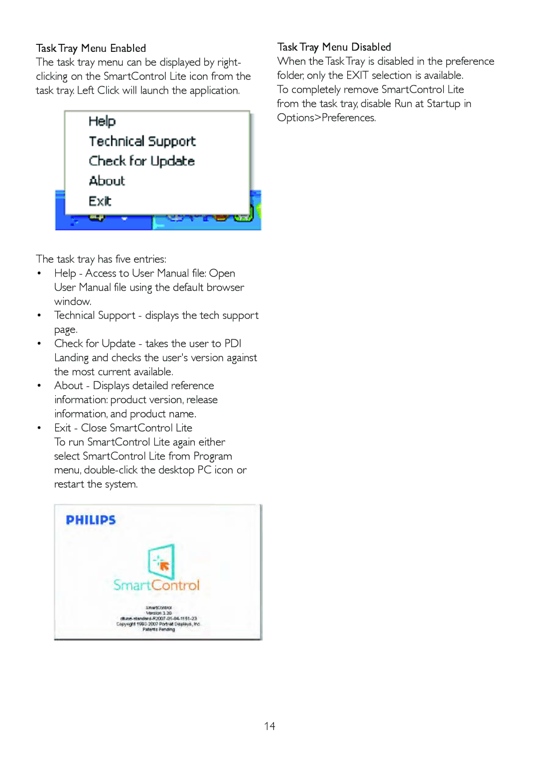 Philips 221V2SB/00 manual Task Tray Menu Enabled, Exit Close SmartControl Lite, Task Tray Menu Disabled 