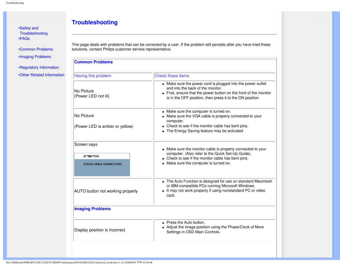Philips 222E1SB/27 user manual Common Problems, Imaging Problems 