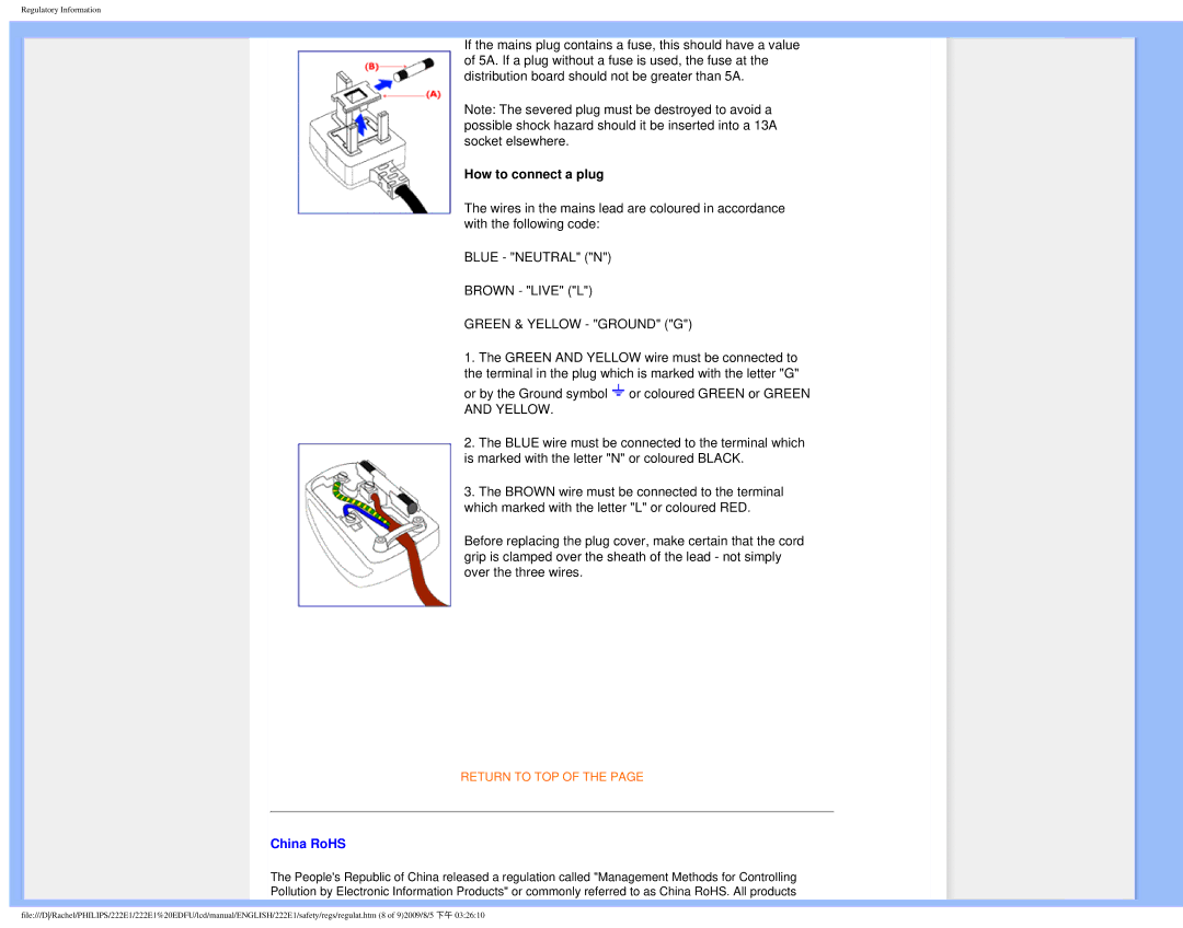 Philips 222E1SB/27 user manual How to connect a plug, China RoHS 