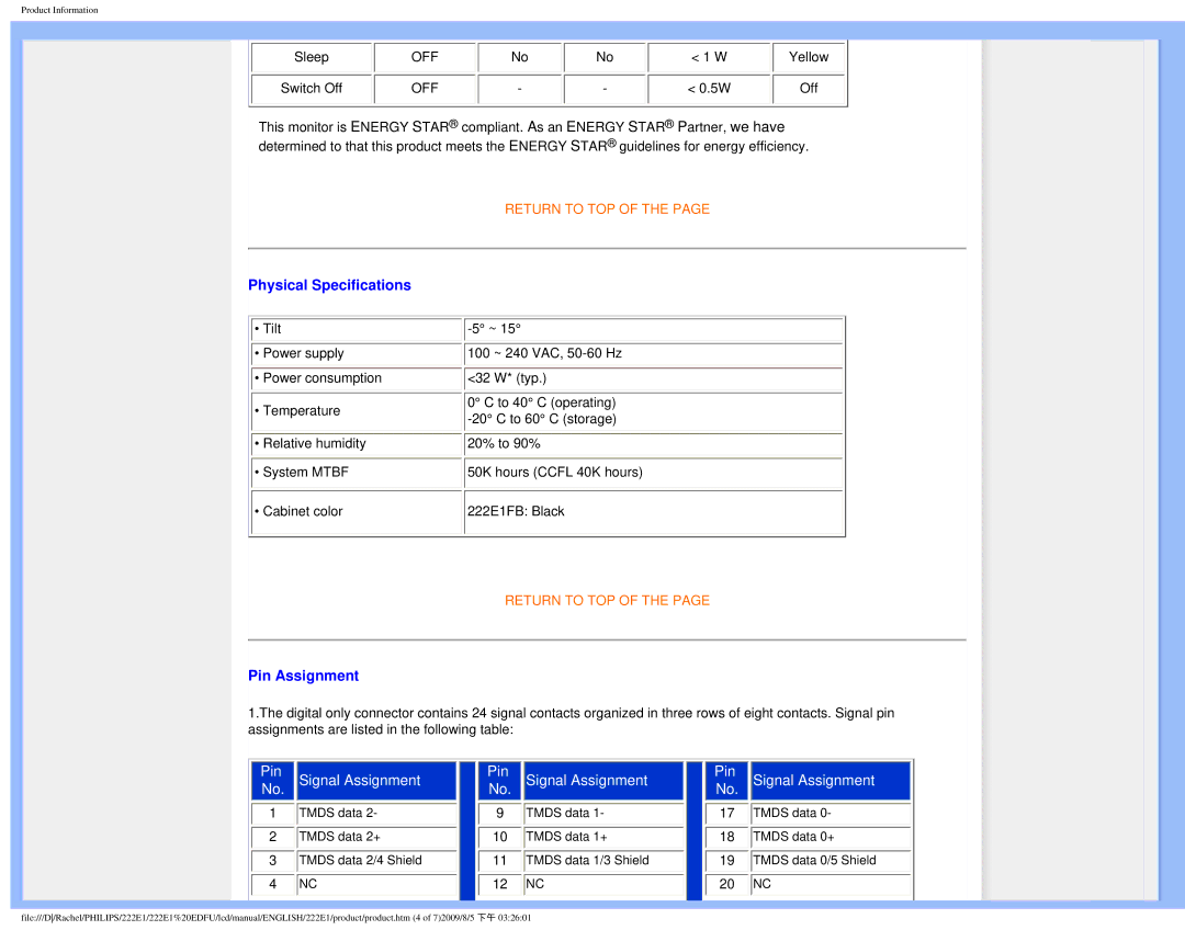 Philips 222E1SB/27 user manual Physical Specifications, Pin Assignment 