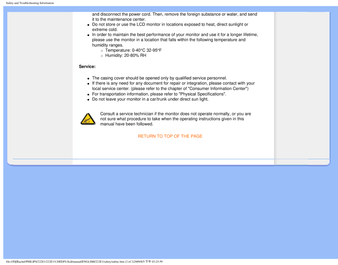 Philips 222E1SB/27 user manual Service, Return to TOP 