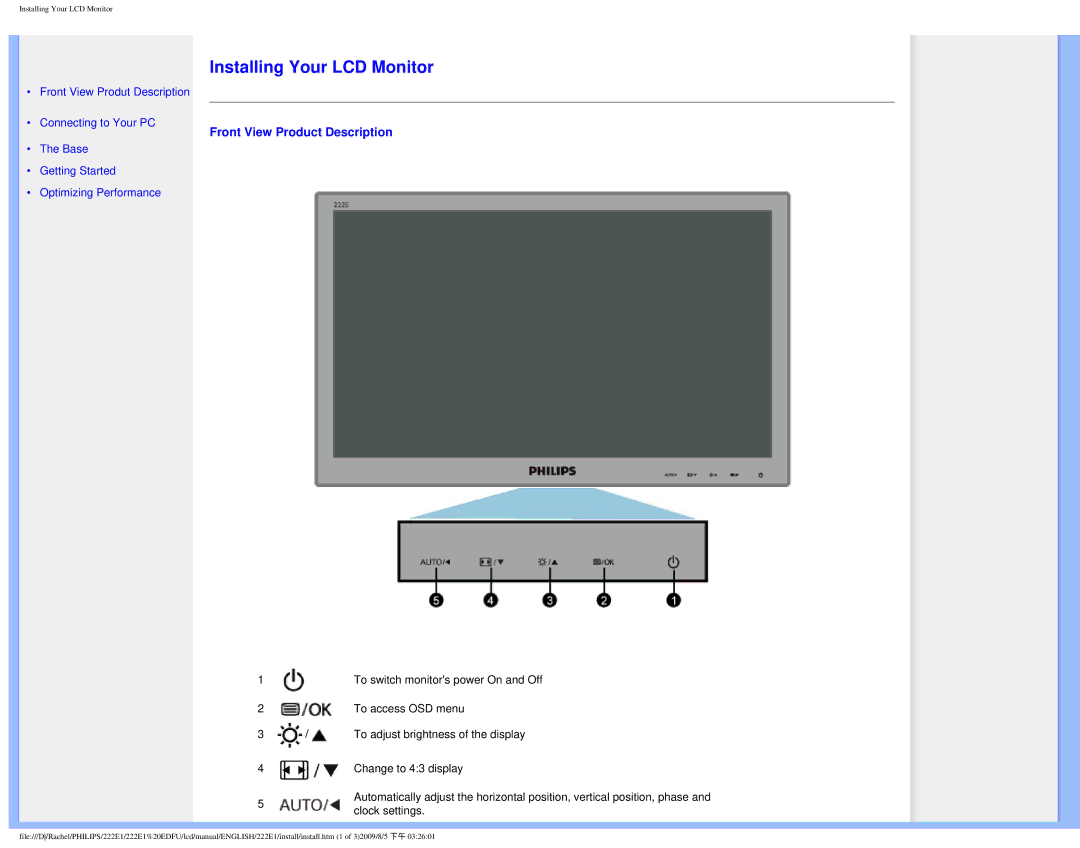 Philips 222E1SB/27 user manual Installing Your LCD Monitor, Front View Product Description 