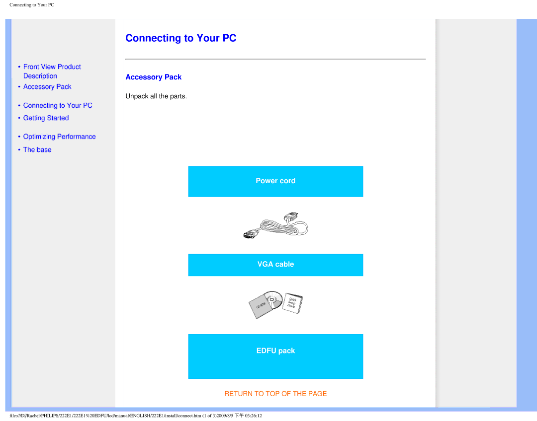 Philips 222E1SB/27 user manual Connecting to Your PC, Accessory Pack 