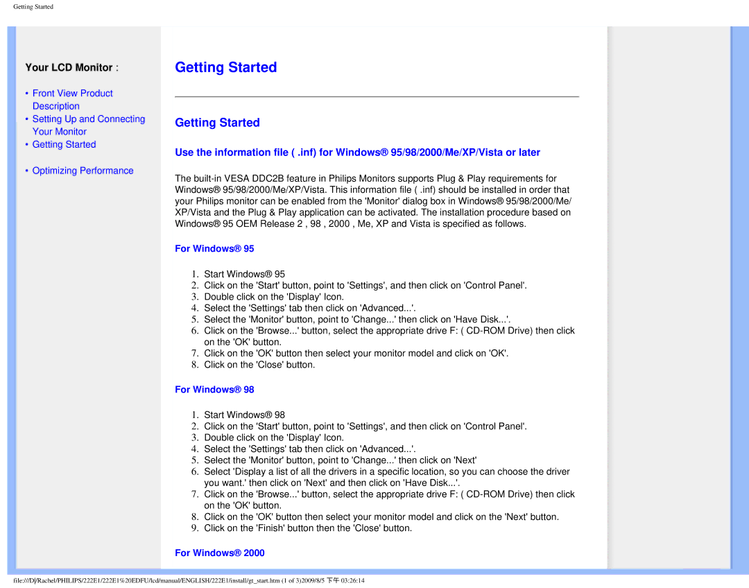 Philips 222E1SB/27 user manual Getting Started, For Windows 