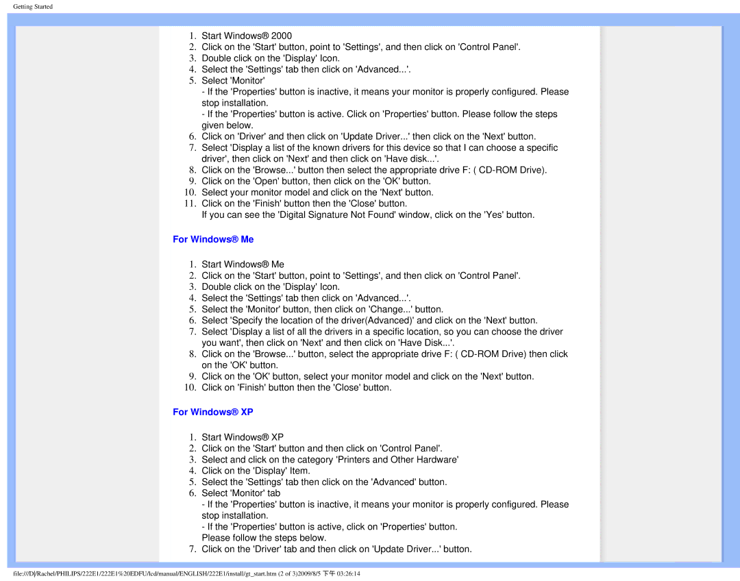 Philips 222E1SB/27 user manual For Windows Me, For Windows XP 