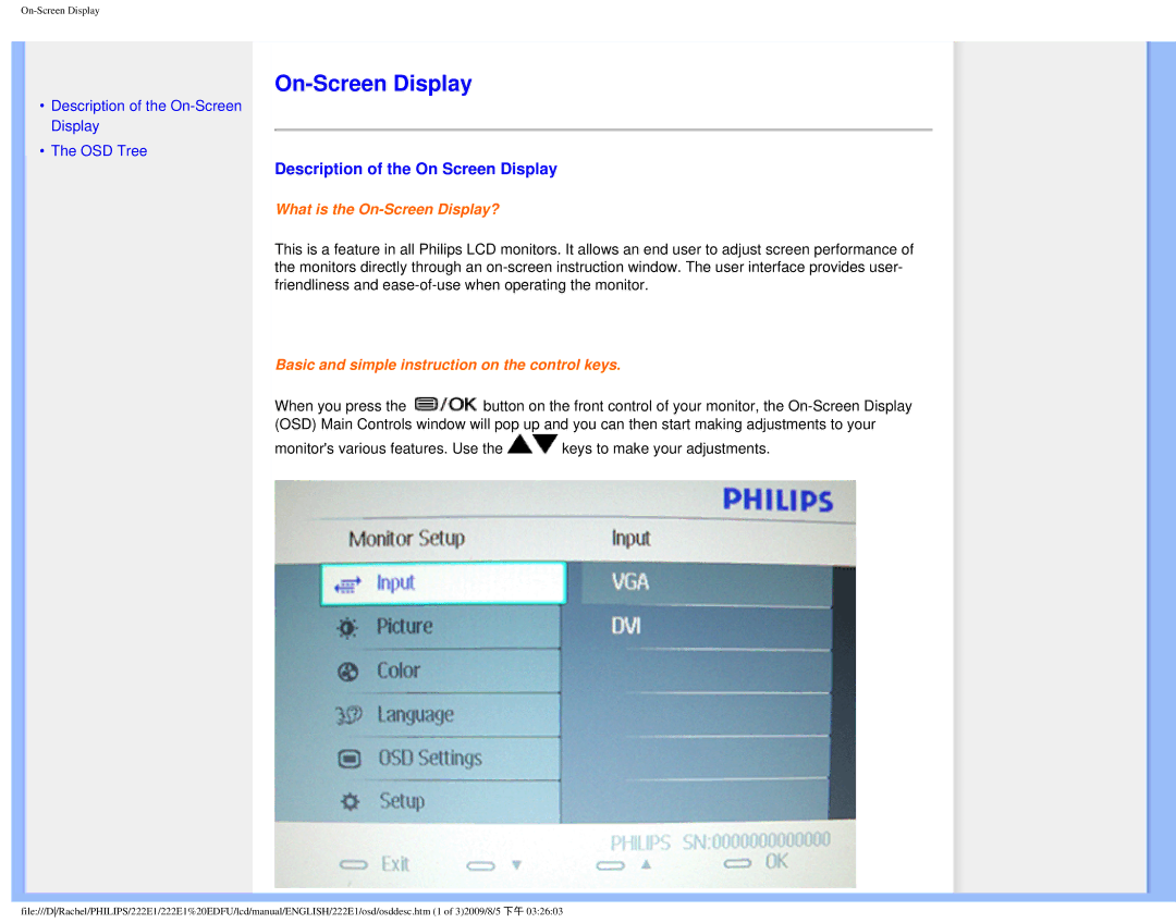 Philips 222E1SB/27 user manual On-Screen Display, Description of the On Screen Display 