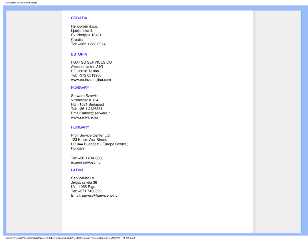 Philips 222E1SB/27 user manual Croatia 