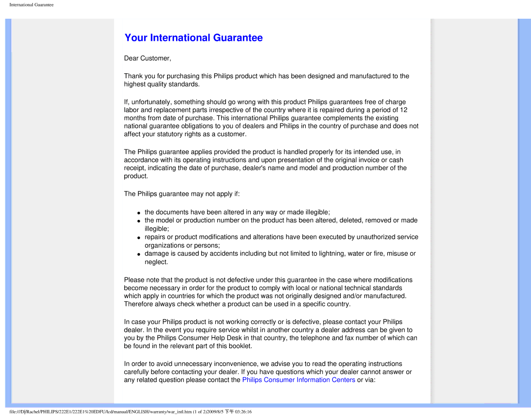 Philips 222E1SB/27 user manual Your International Guarantee 