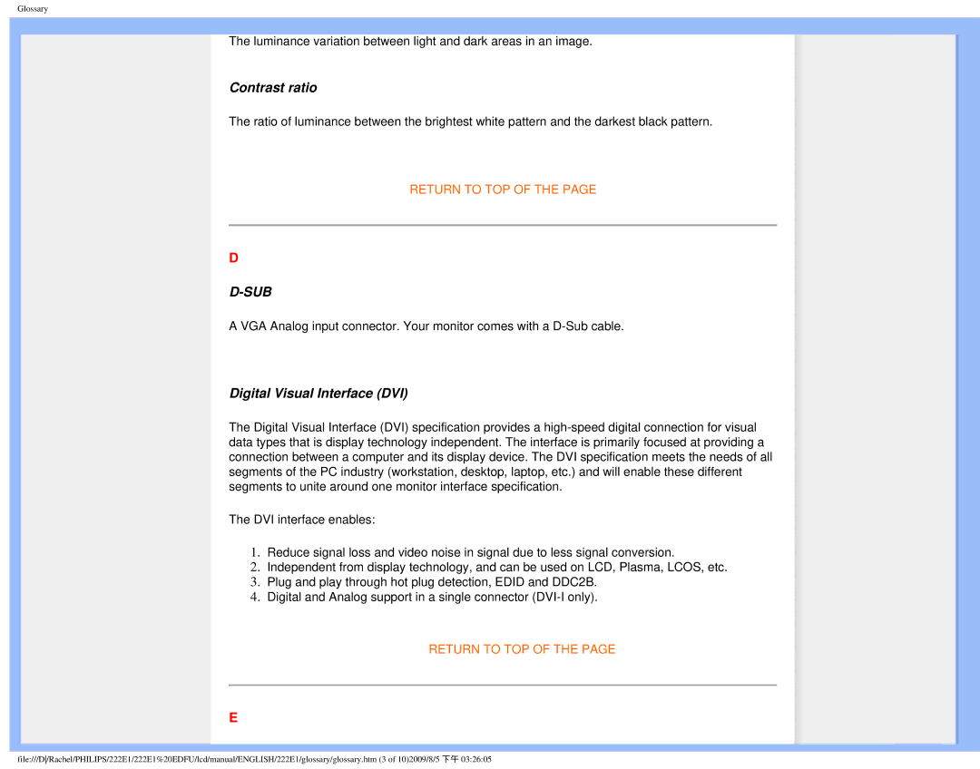 Philips 222E1SB/27 user manual Contrast ratio, Digital Visual Interface DVI 