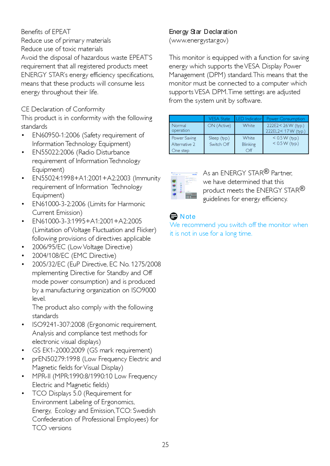 Philips 222EL2, 222E2SB/00 user manual Benefits of Epeat, 2006/95/EC Low Voltage Directive 2004/108/EC EMC Directive 