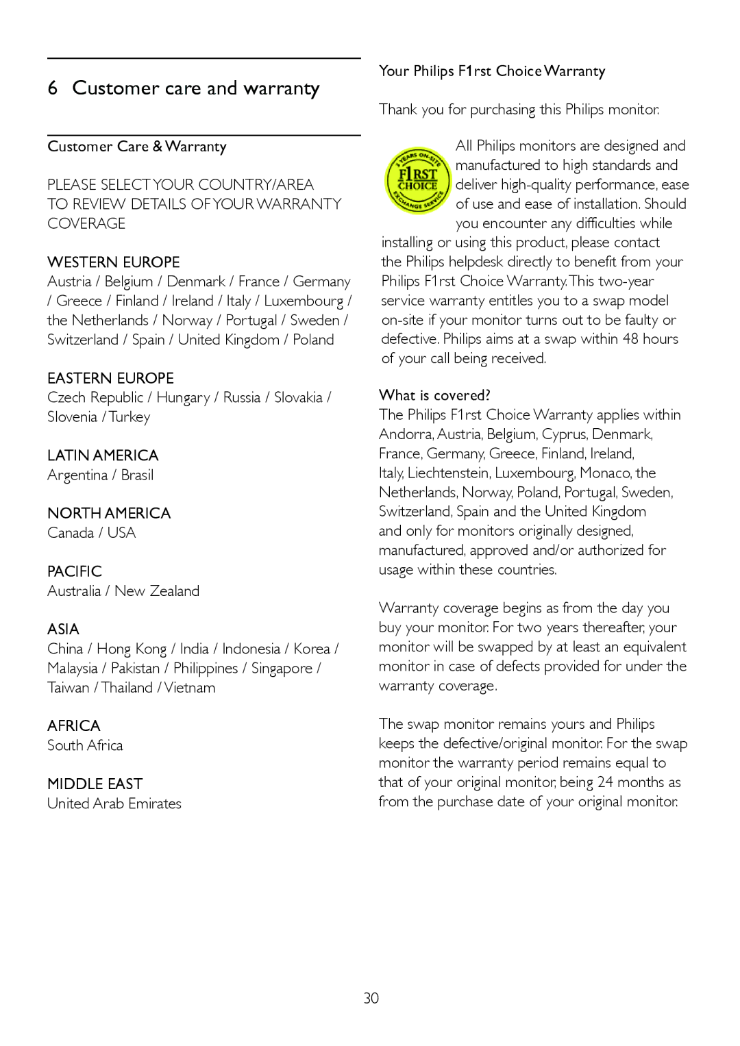 Philips 222E2SB/00, 222EL2 user manual Eastern Europe, Latin America, North America, Pacific, Asia, Africa, Middle East 