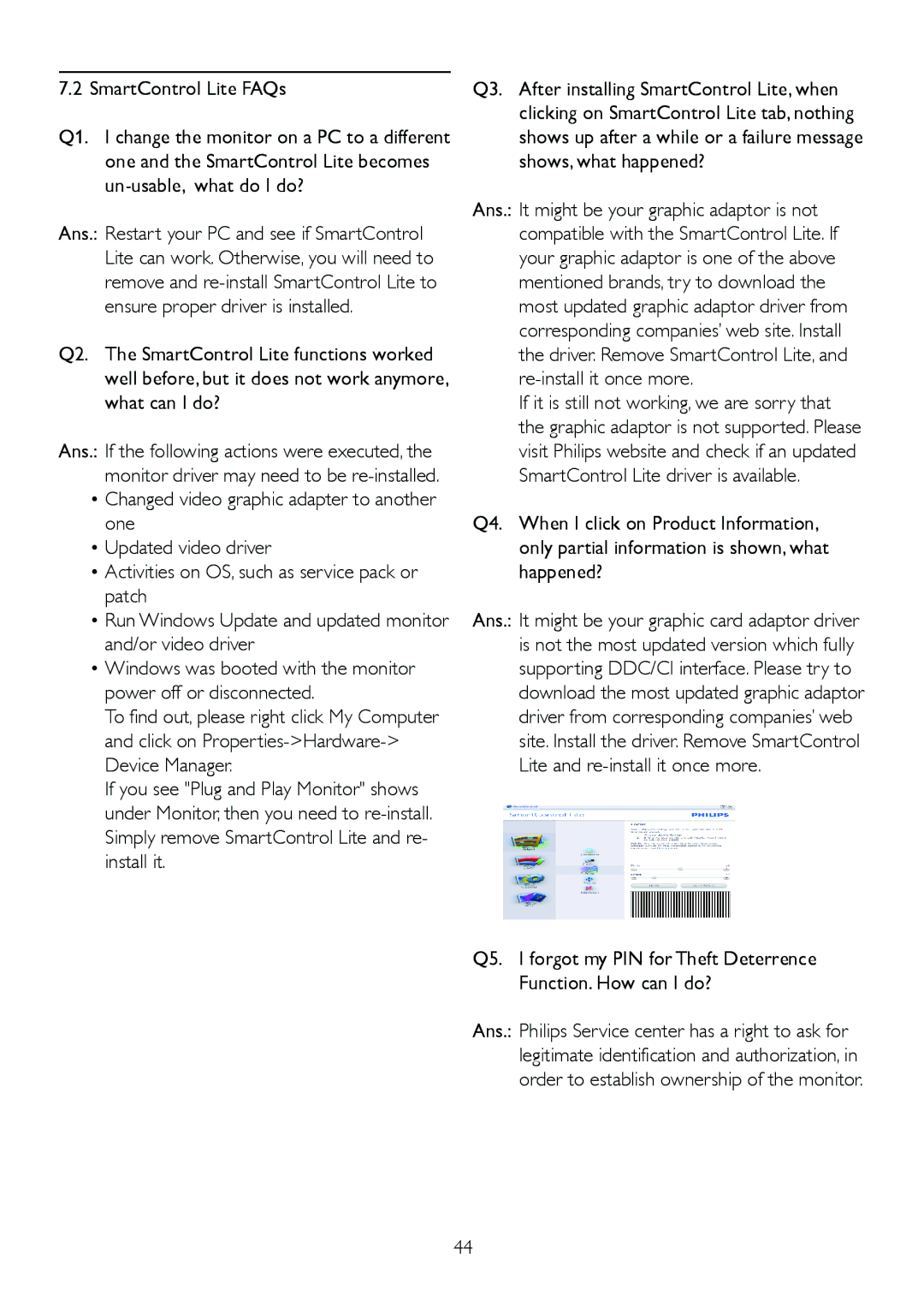 Philips 222EL2, 222E2SB/00 user manual SmartControl Lite FAQs 