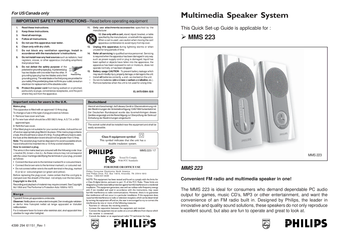 Philips 223 important safety instructions Important notes for users in the U.K, Norge, Deutschland 