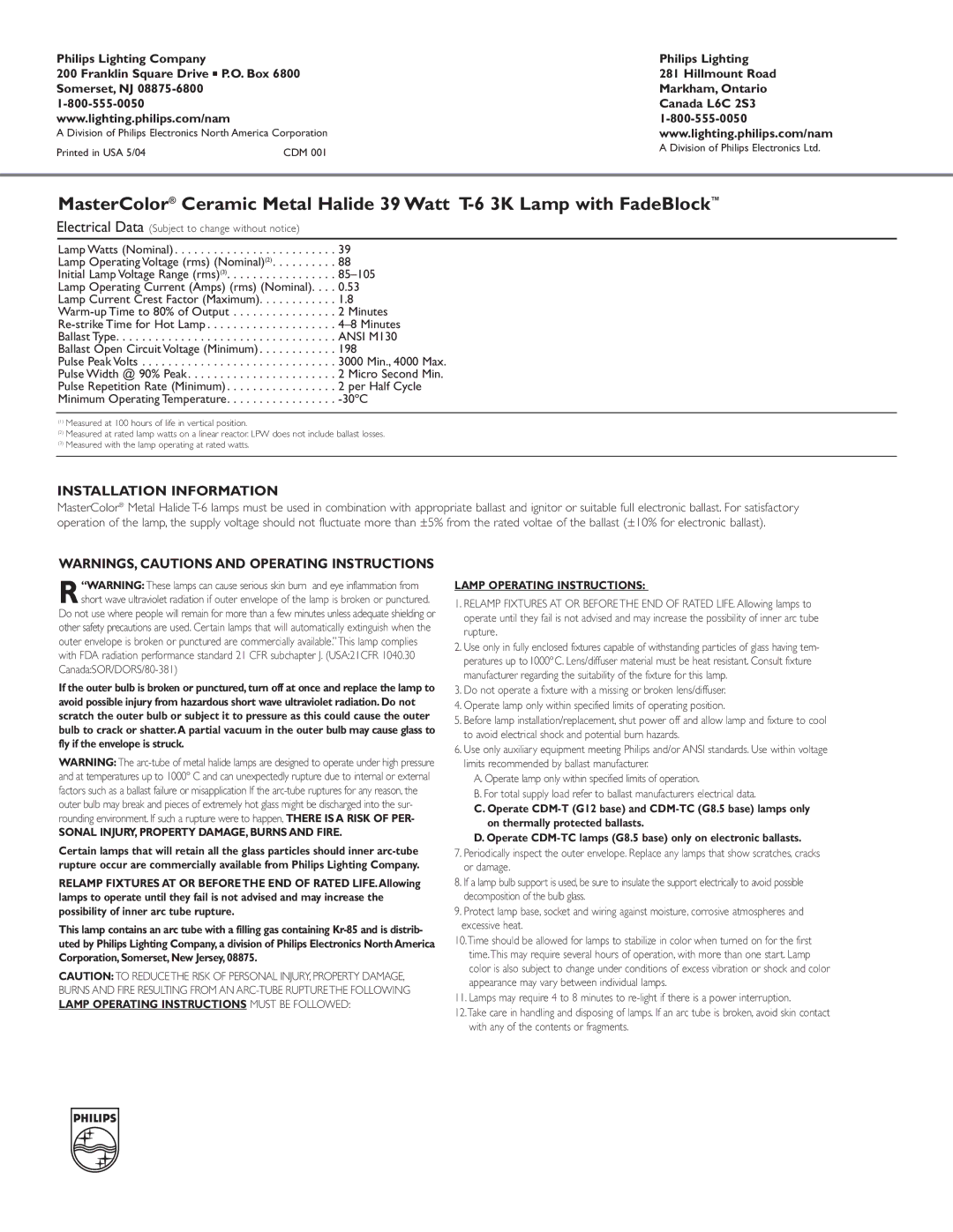 Philips 223289 manual Sonal INJURY, Property DAMAGE, Burns and Fire, Lamp Operating Instructions 