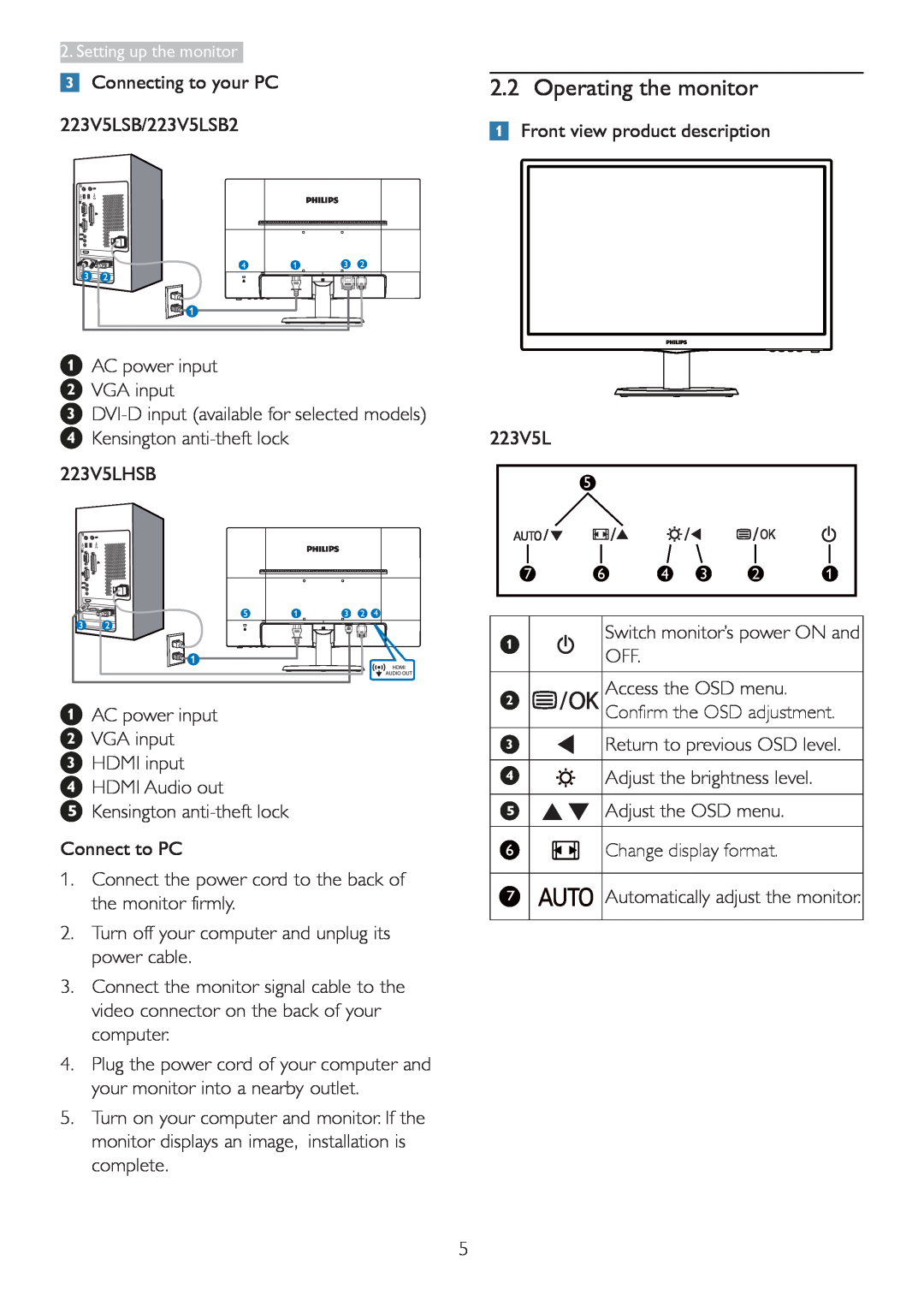 Philips 223V5 user manual Operating the monitor 