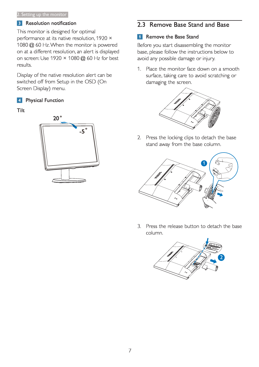 Philips 223V5 user manual Remove Base Stand and Base 
