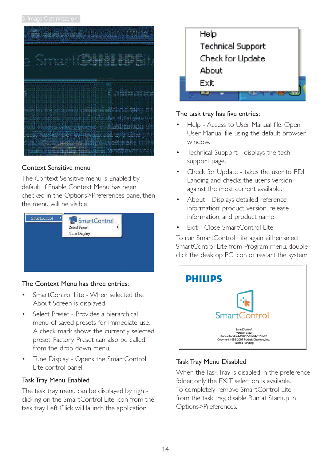 Philips 223V5 user manual  Exit Close SmartControl Lite, Task Tray Menu Disabled 