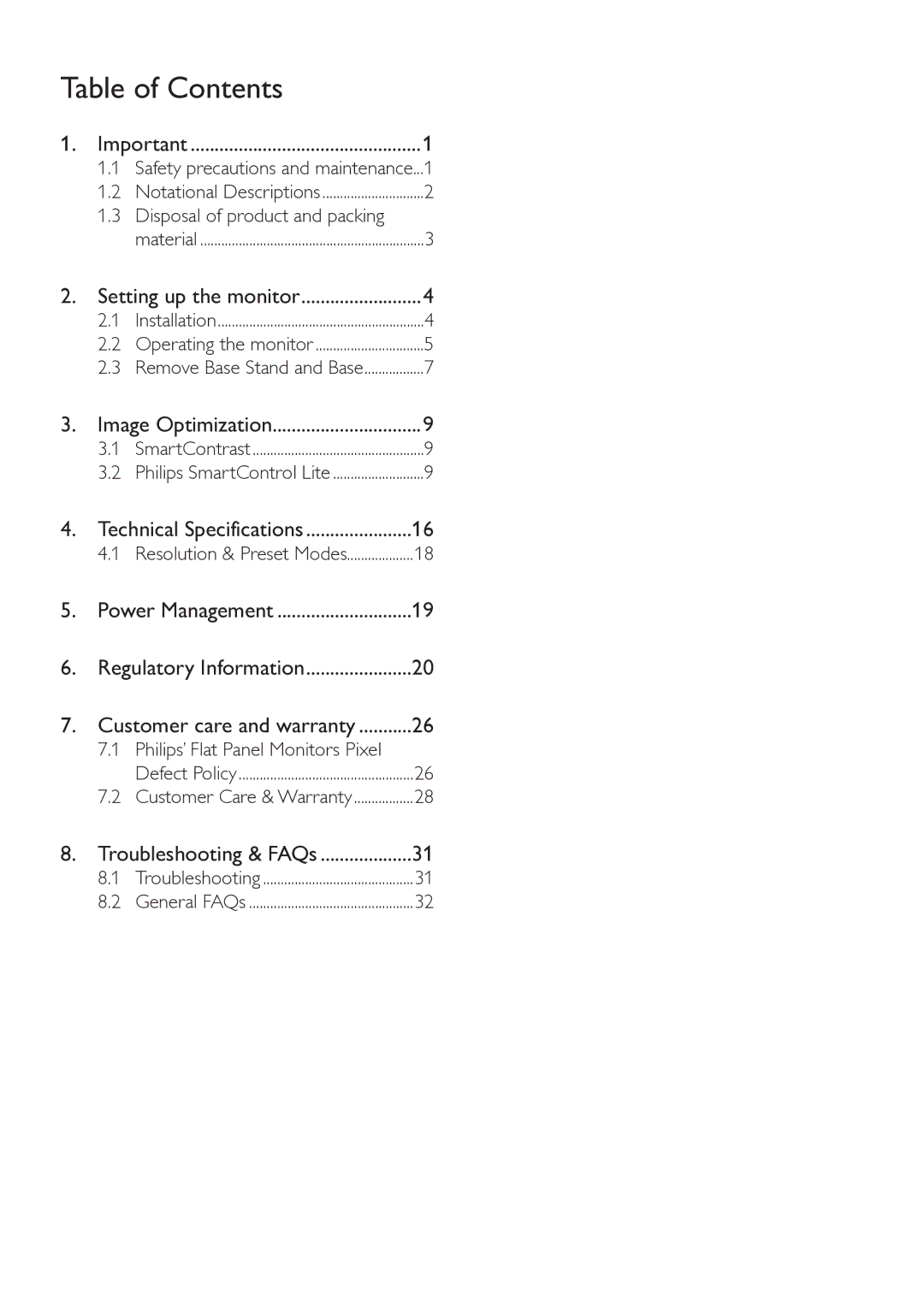 Philips 223V5 user manual Table of Contents 