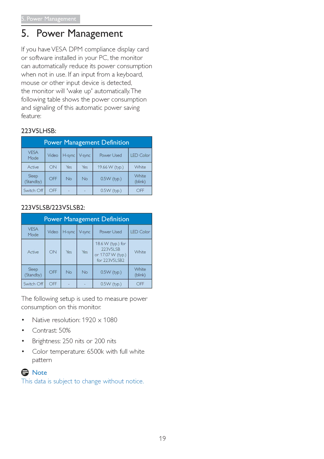 Philips 223V5 user manual Power Management Definition 