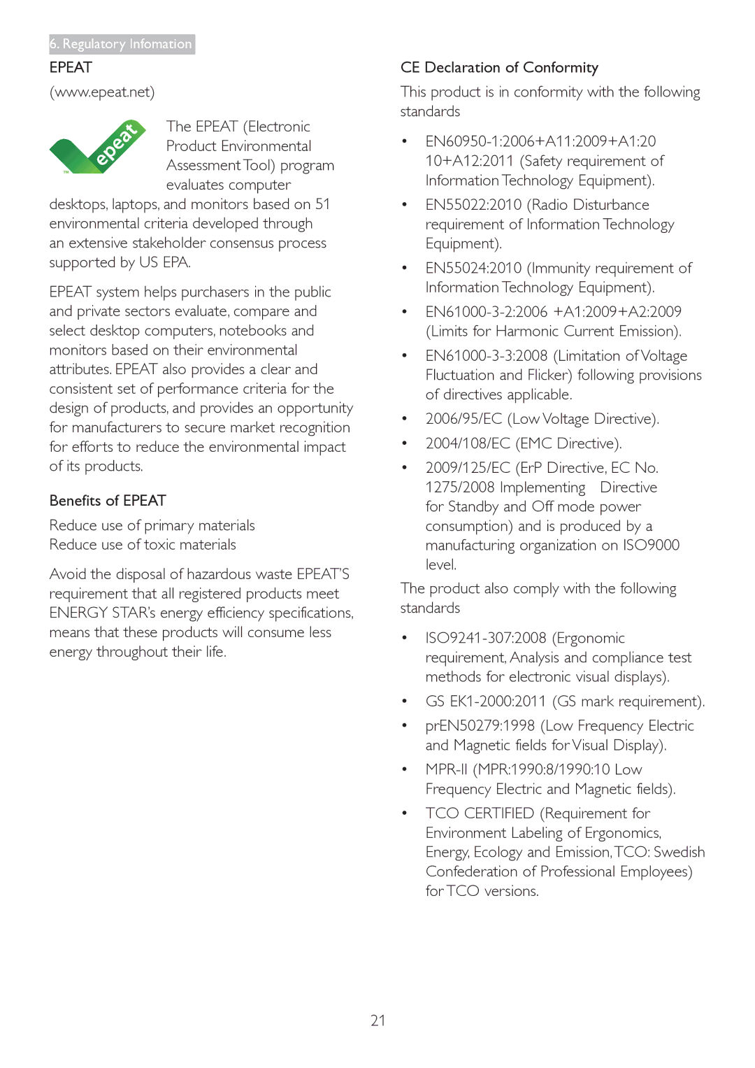 Philips 223V5 user manual Epeat Electronic Product Environmental,  GS EK1-20002011 GS mark requirement 